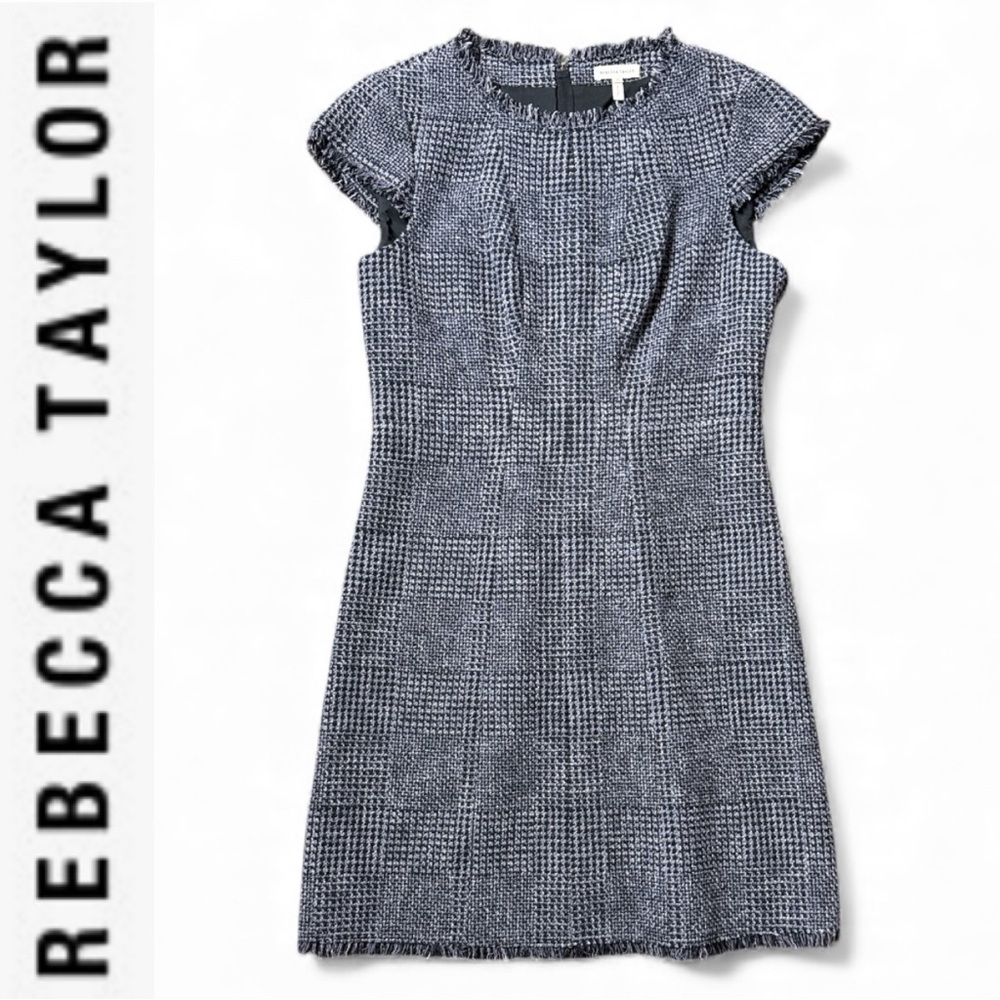 REBECCA TAYLOR HOUNDSTOOTH TWEED CAP SLEEVE DESIGNER WORKWEAR SHEATH MIDI DRESS
